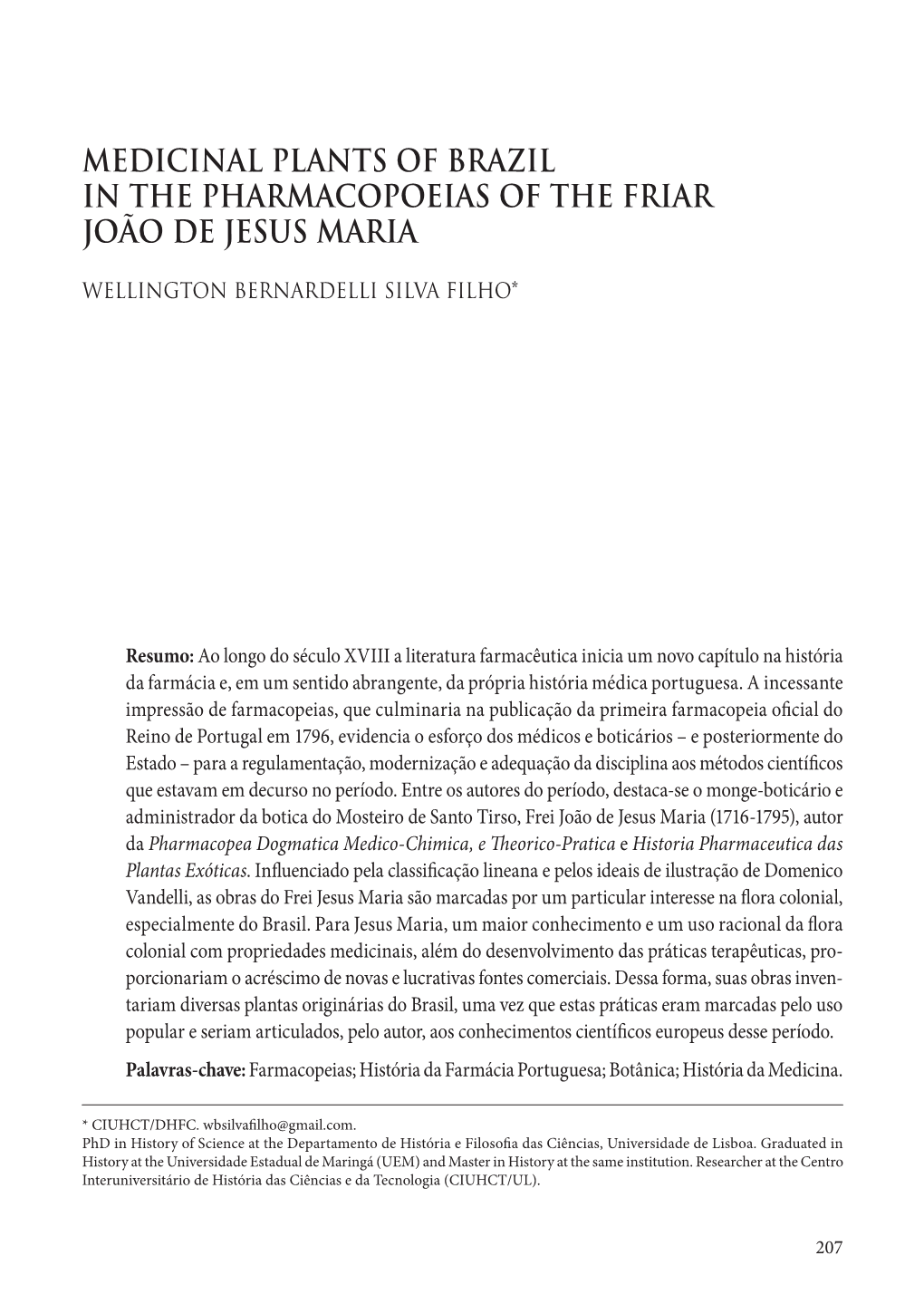 Medicinal Plants of Brazil in the Pharmacopoeias of the Friar João De Jesus Maria