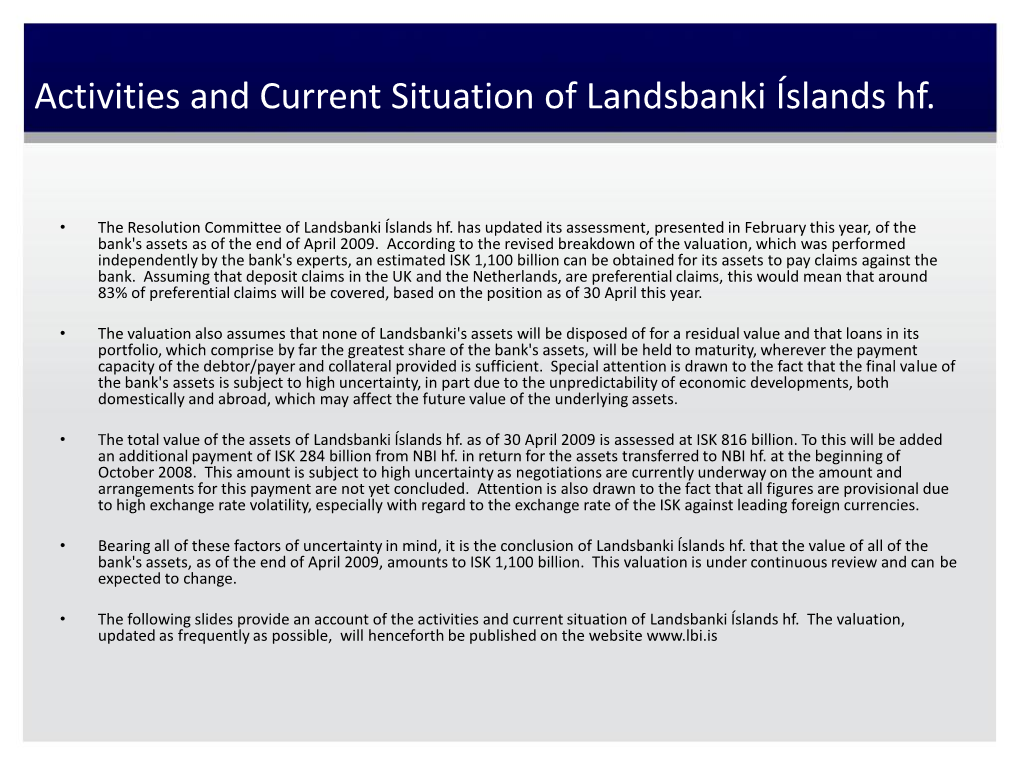 Activities and Current Situation of Landsbanki Íslands Hf