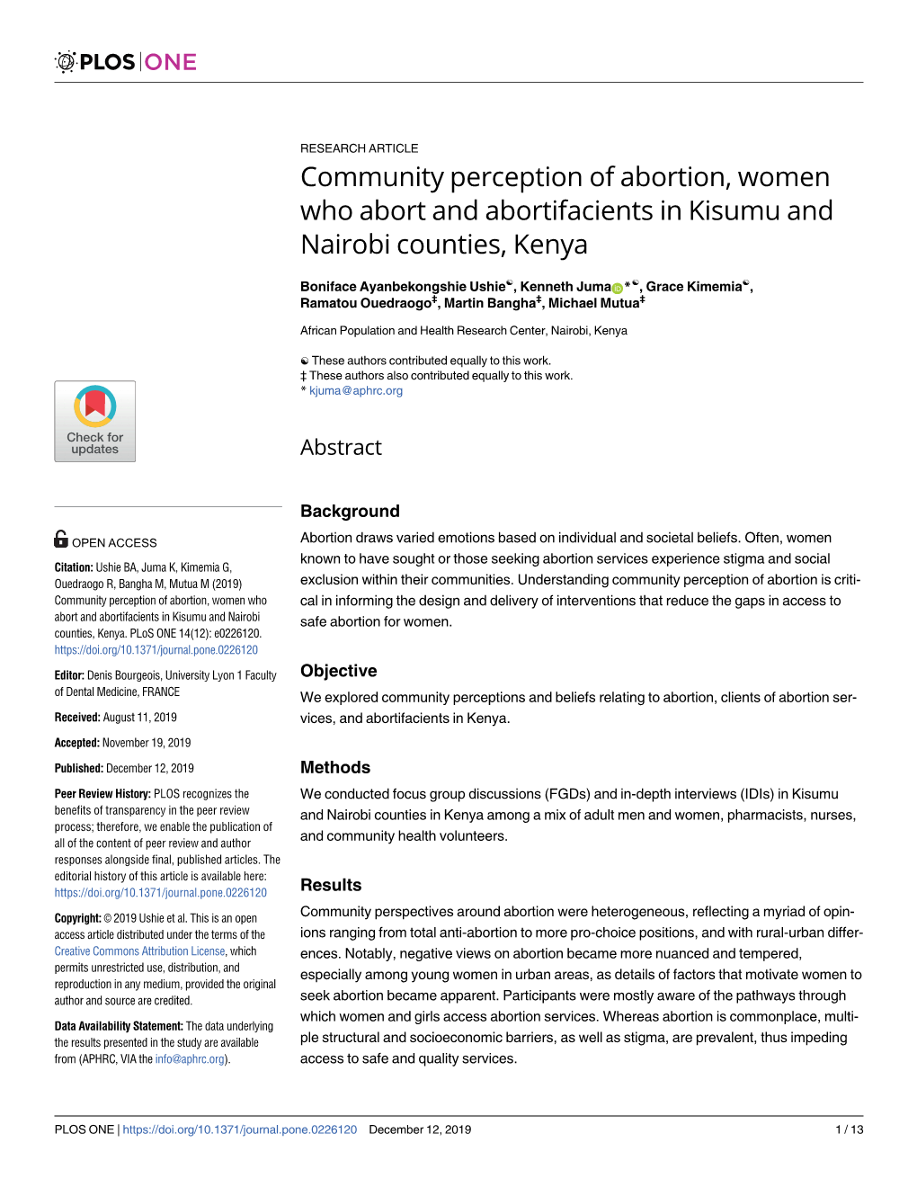 Community Perception of Abortion, Women Who Abort and Abortifacients in Kisumu and Nairobi Counties, Kenya