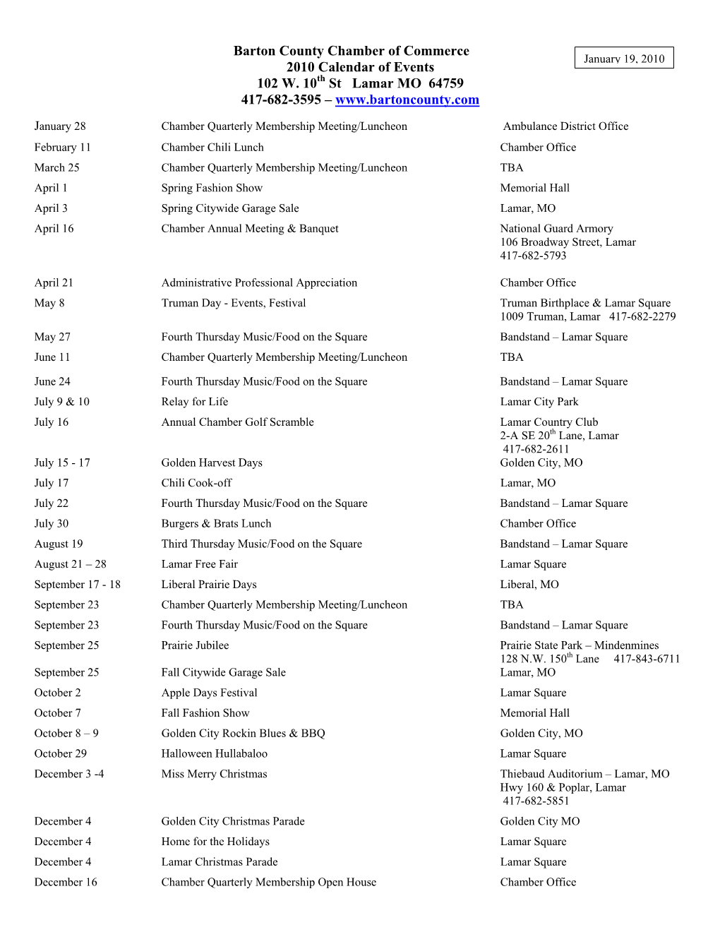 Barton County Chamber of Commerce January 19, 2010 2010 Calendar of Events 102 W