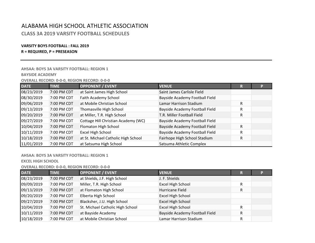 Alabama High School Athletic Association Class 3A 2019 Varsity Football Schedules