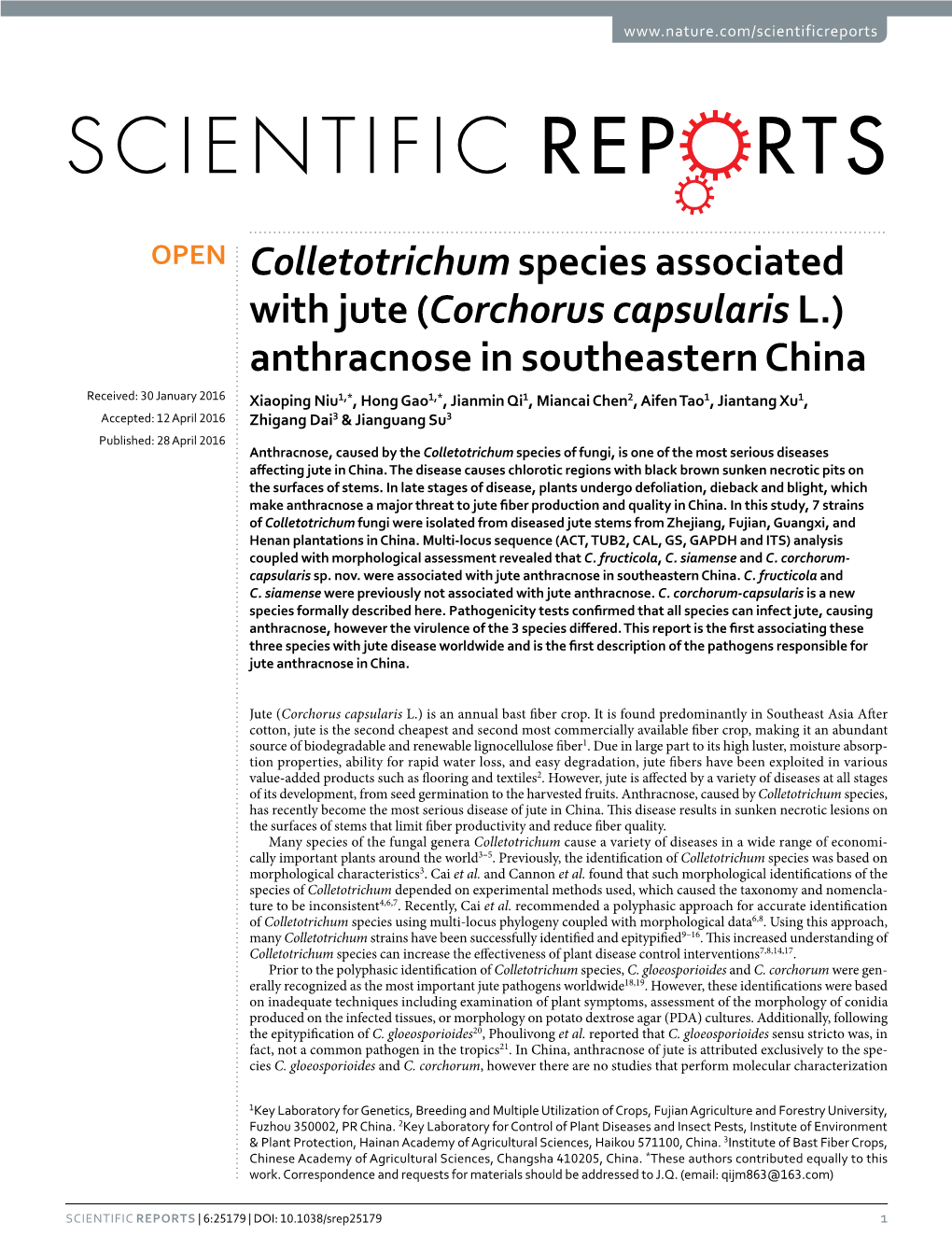 Colletotrichum Species Associated with Jute (Corchorus Capsularis L