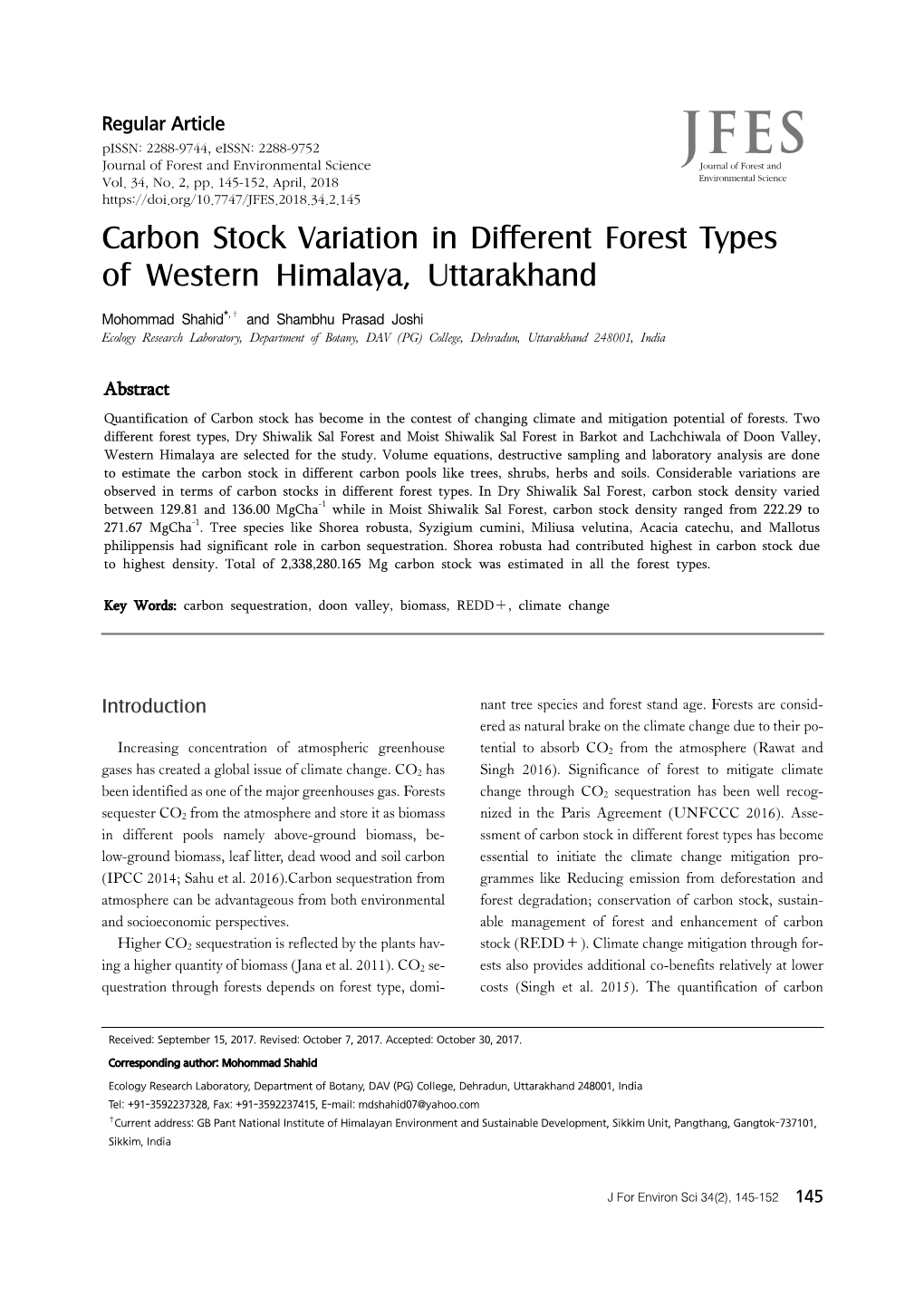 Carbon Stock Variation in Different Forest Types of Western Himalaya, Uttarakhand