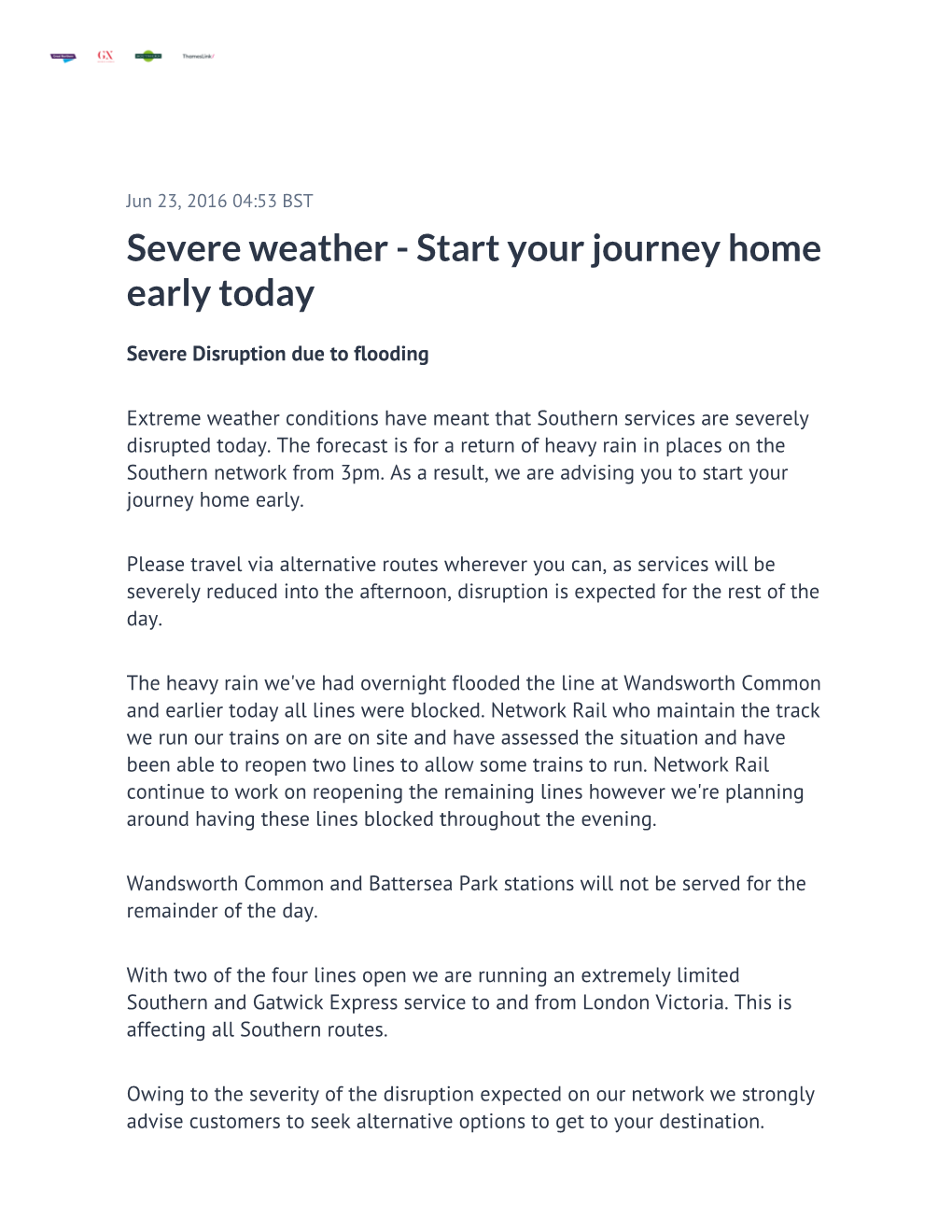 Severe Weather - Start Your Journey Home Early Today