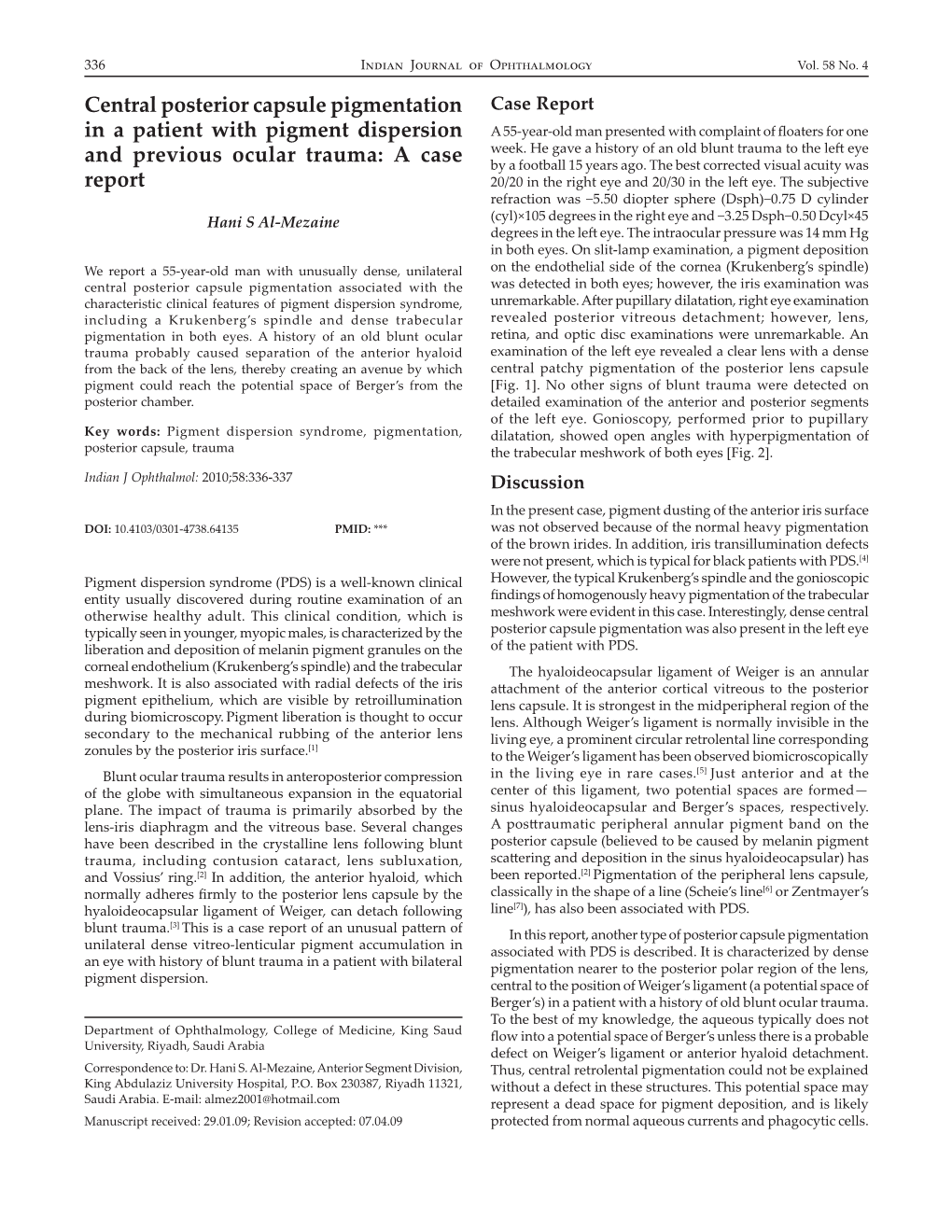 Central Posterior Capsule Pigmentation in a Patient with Pigment Dispersion and Previous Ocular Trauma