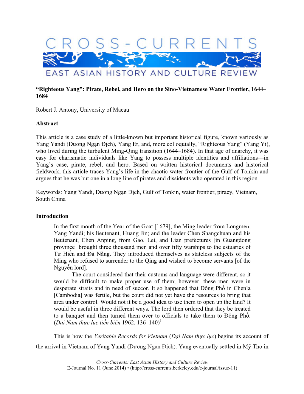 “Righteous Yang”: Pirate, Rebel, and Hero on the Sino-Vietnamese Water Frontier, 1644– 1684