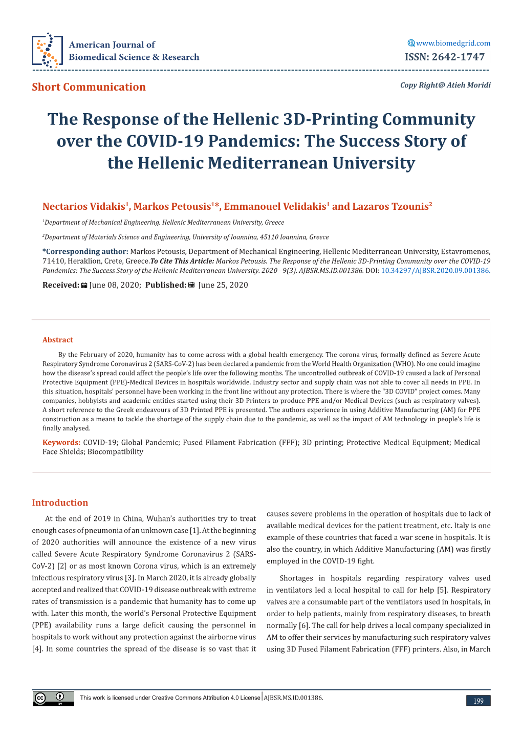 The Response of the Hellenic 3D-Printing Community Over the COVID-19 Pandemics: the Success Story of the Hellenic Mediterranean University