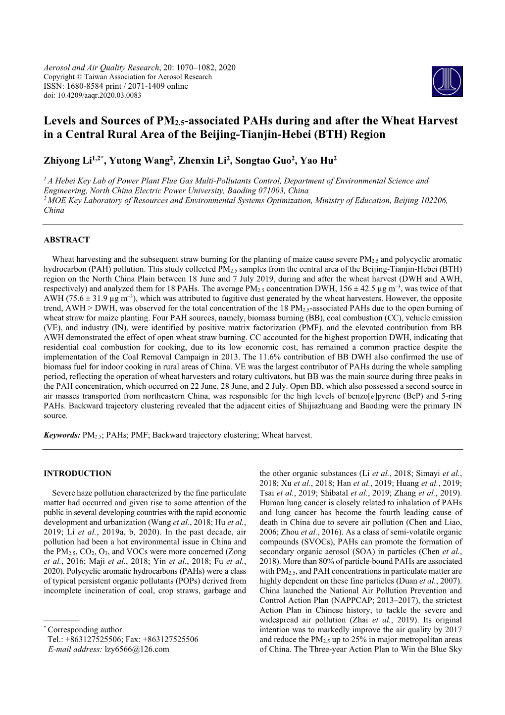 Levels and Sources of PM2.5-Associated Pahs During and After the Wheat Harvest in a Central Rural Area of the Beijing-Tianjin-Hebei (BTH) Region