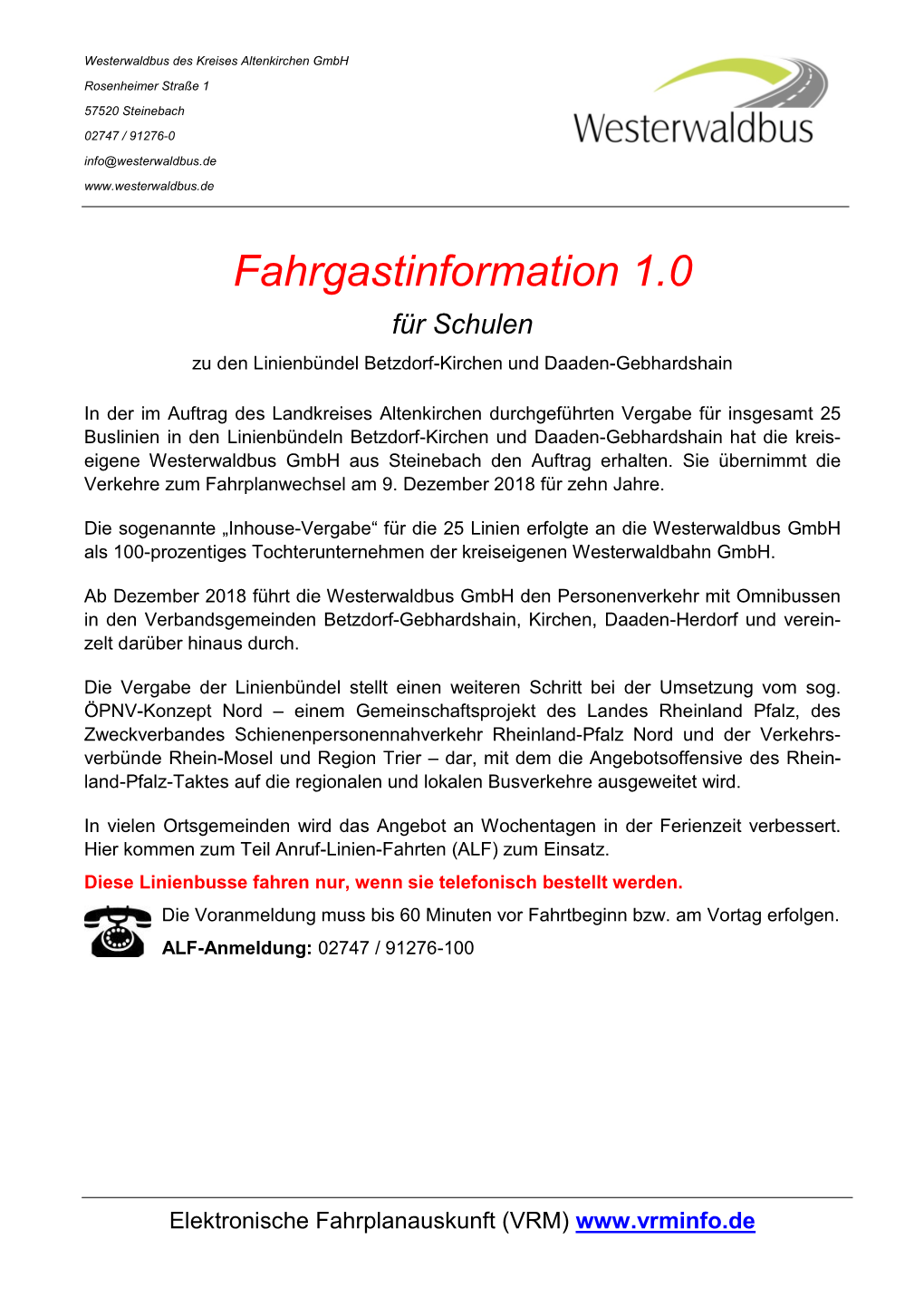 Fahrgastinformation 1.0 Für Schulen Zu Den Linienbündel Betzdorf-Kirchen Und Daaden-Gebhardshain
