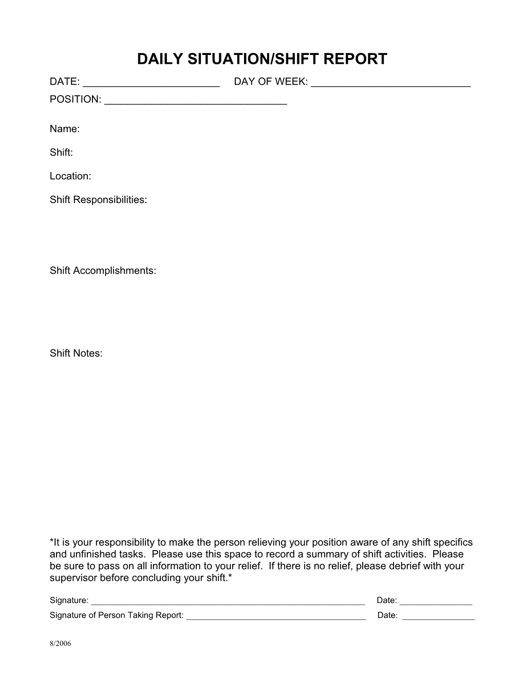 Daily Situation/Shift Report