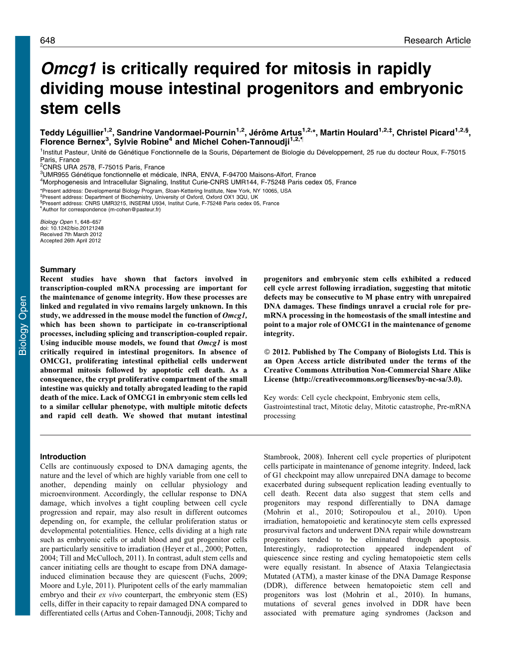 Omcg1 Is Critically Required for Mitosis in Rapidly Dividing Mouse Intestinal Progenitors and Embryonic Stem Cells