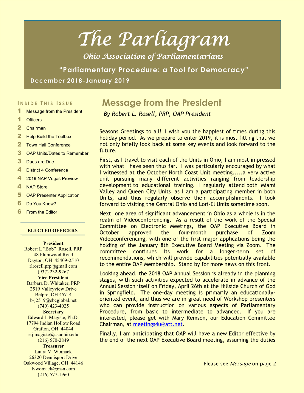 The Parliagram Ohio Association of Parliamentarians “Parliamentary Procedure: a Tool for Democracy” December 2018-January 2019