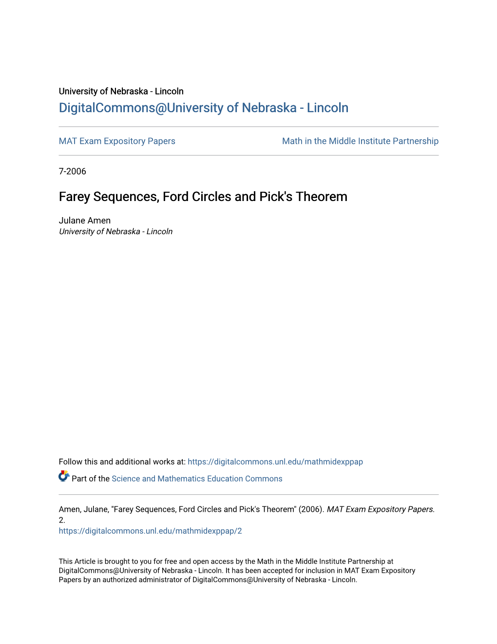 Farey Sequences, Ford Circles and Pick's Theorem