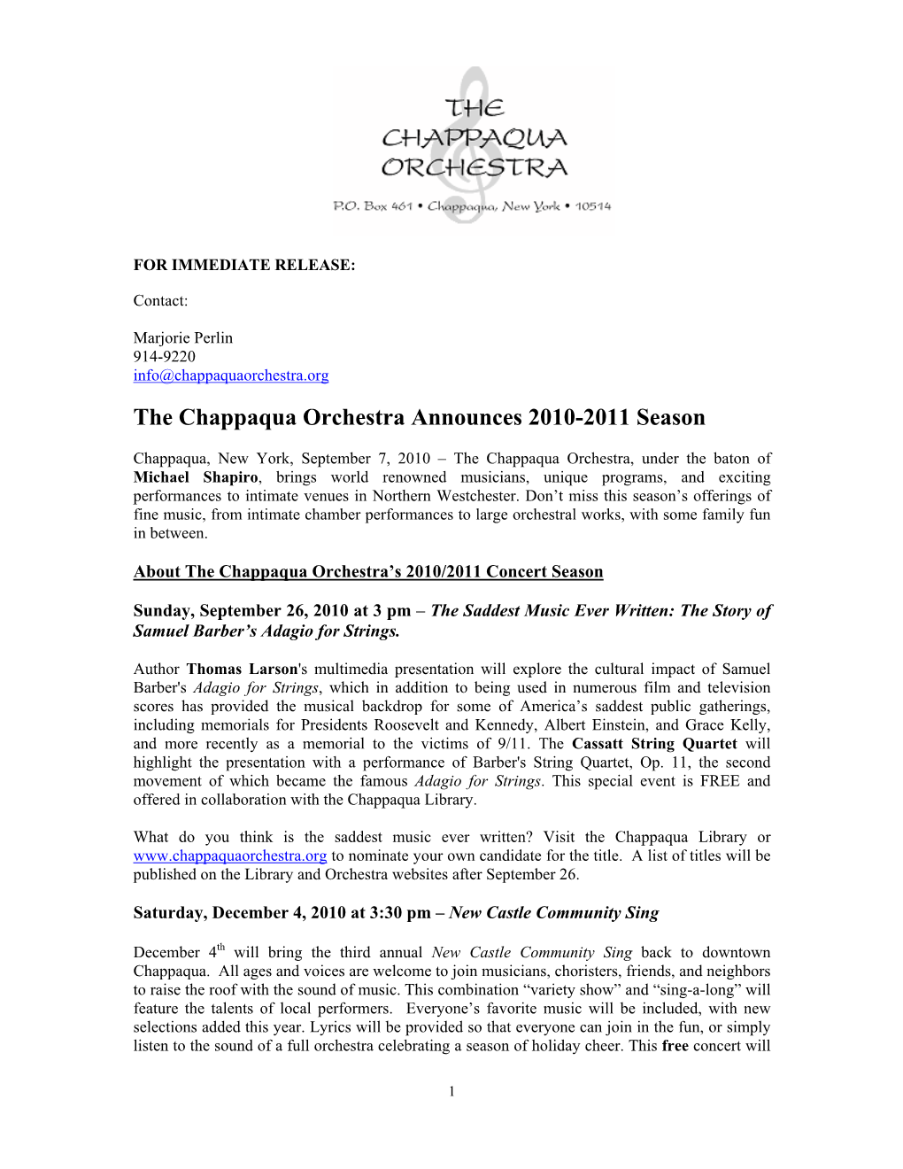 The Chappaqua Orchestra Announces 2010-2011 Season