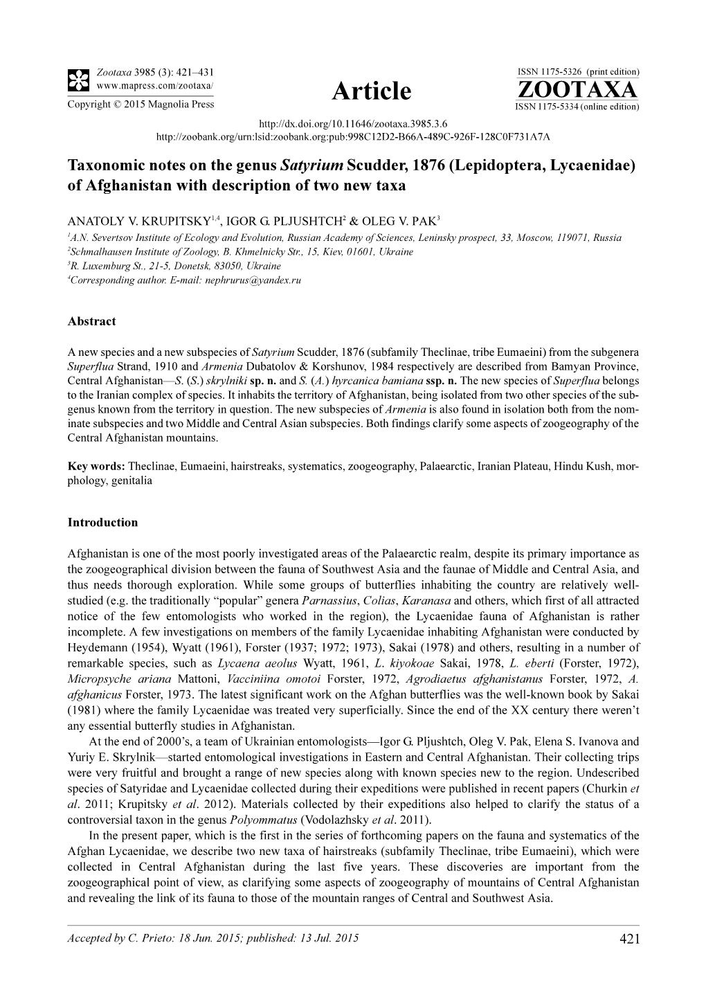 Taxonomic Notes on the Genus Satyrium Scudder, 1876 (Lepidoptera, Lycaenidae) of Afghanistan with Description of Two New Taxa