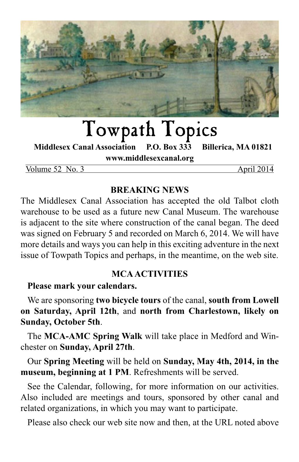 Towpath Topics Middlesex Canal Association P.O