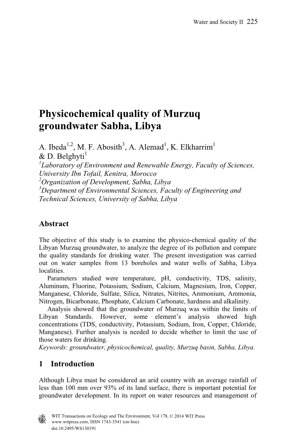 Physicochemical Quality of Murzuq Groundwater Sabha, Libya