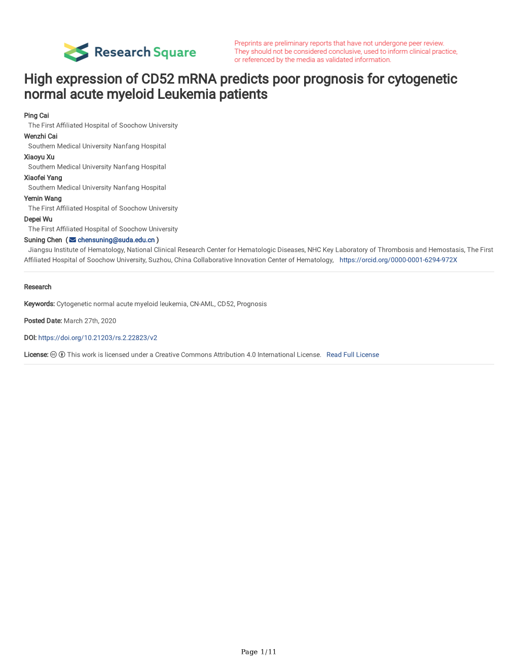 High Expression of CD52 Mrna Predicts Poor Prognosis for Cytogenetic Normal Acute Myeloid Leukemia Patients
