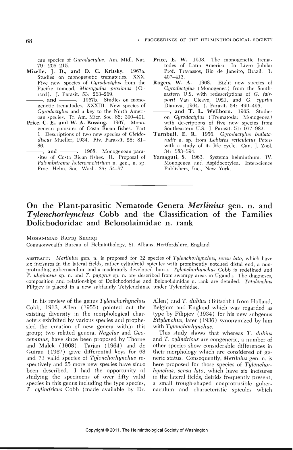 On the Plant-Parasitic Nematode Genera Merlinius Gen. N. and Tylenchorhynchus Cobb and the Classification of the Families Dolichodoridae and Belonolaimidae N