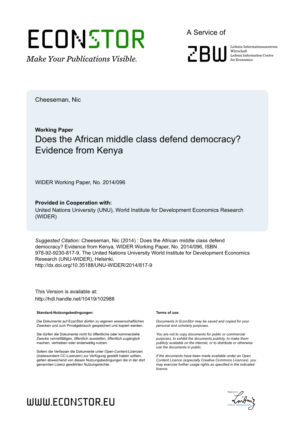 Does the African Middle Class Defend Democracy? Evidence from Kenya