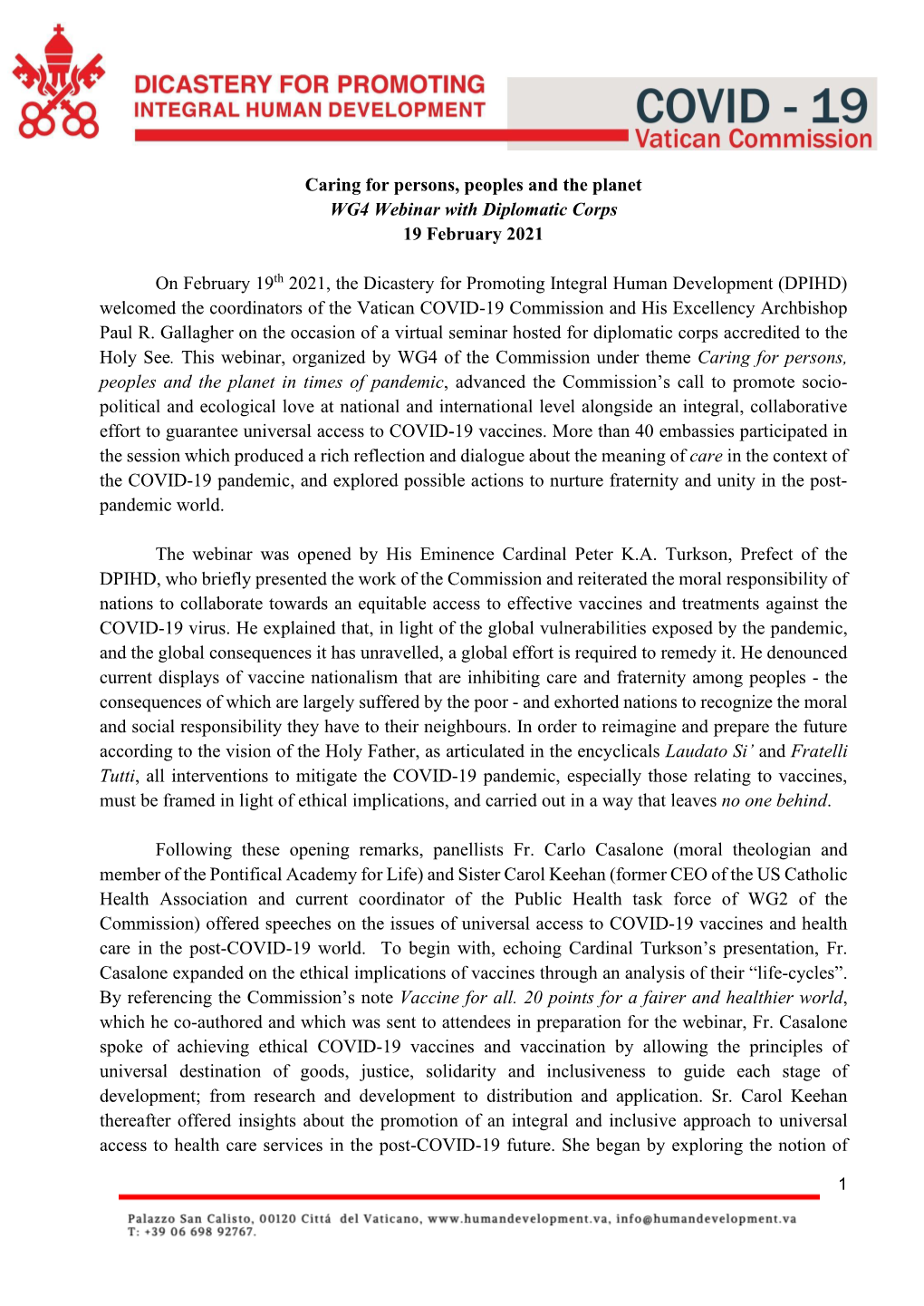 Caring for Persons, Peoples and the Planet WG4 Webinar with Diplomatic Corps 19 February 2021 on February 19Th 2021, the Dicast