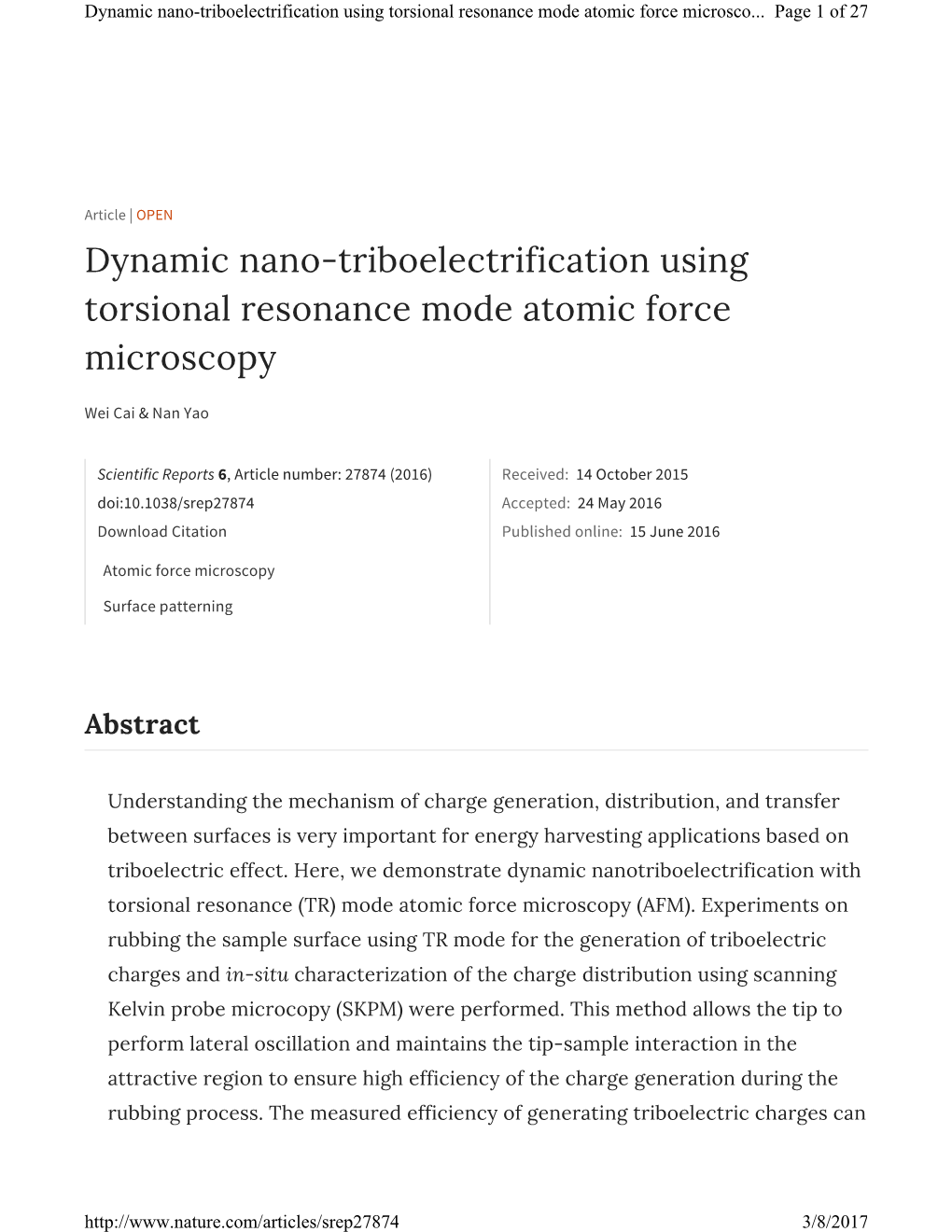 Dynamic Nano-Triboelectrification Using Torsional Resonance Mode Atomic Force Microsco