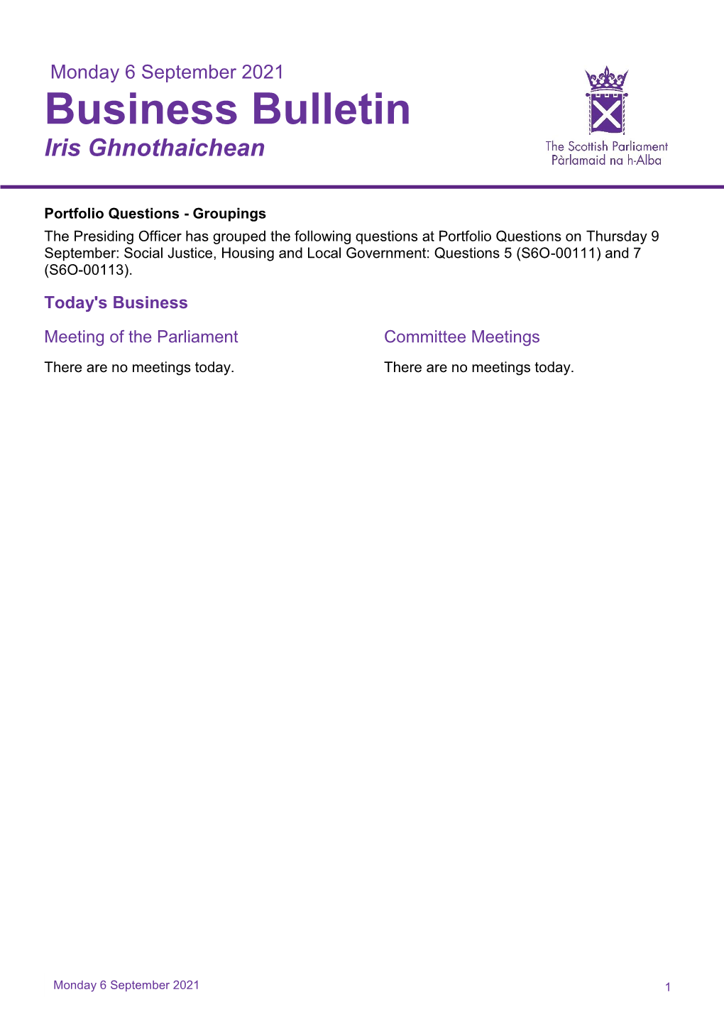 Monday 6 September 2021 Business Bulletin Iris Ghnothaichean