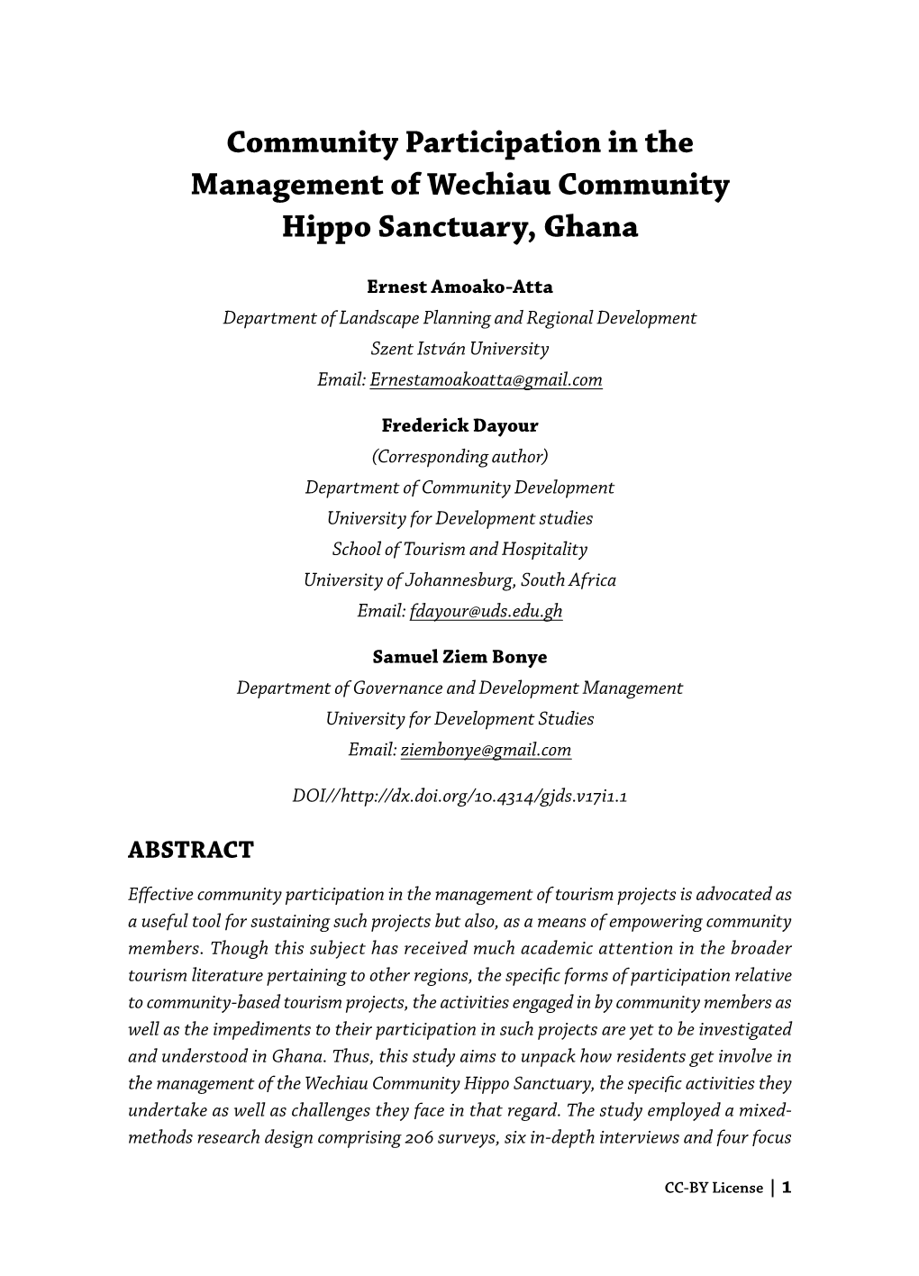 Community Participation in the Management of Wechiau Community Hippo Sanctuary, Ghana