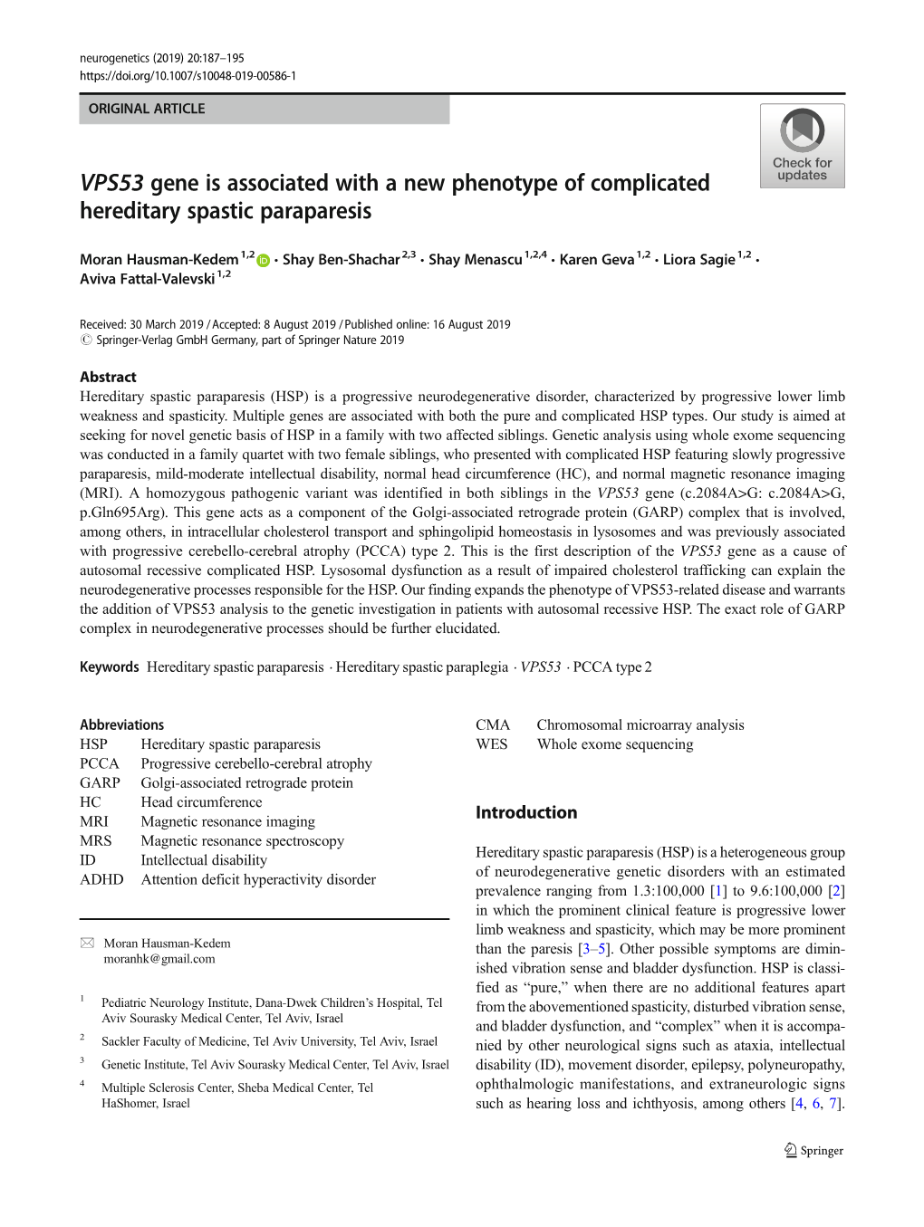 VPS53 Gene Is Associated with a New Phenotype of Complicated Hereditary Spastic Paraparesis