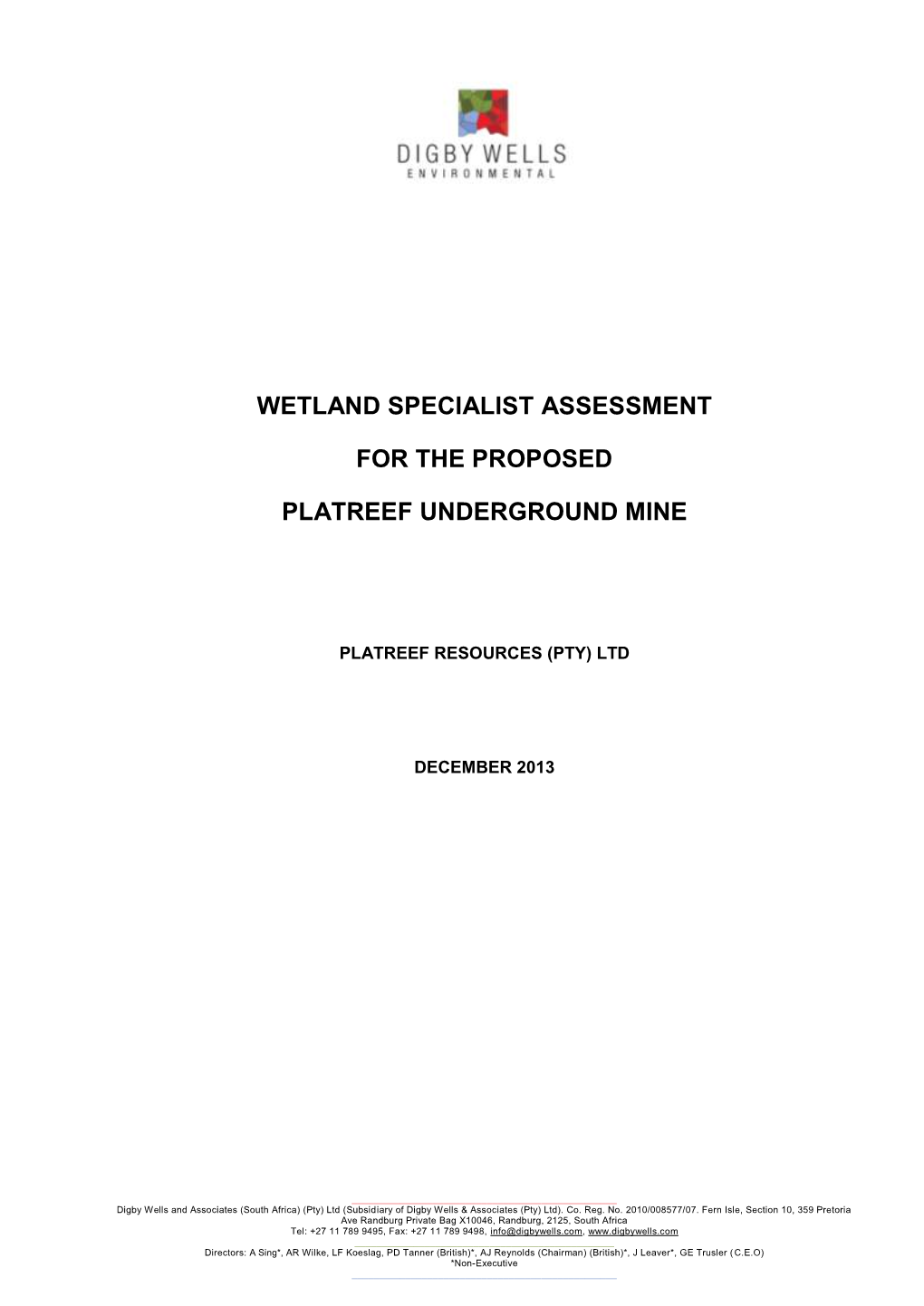Wetland Specialist Assessment for the Proposed Platreef Underground Mine