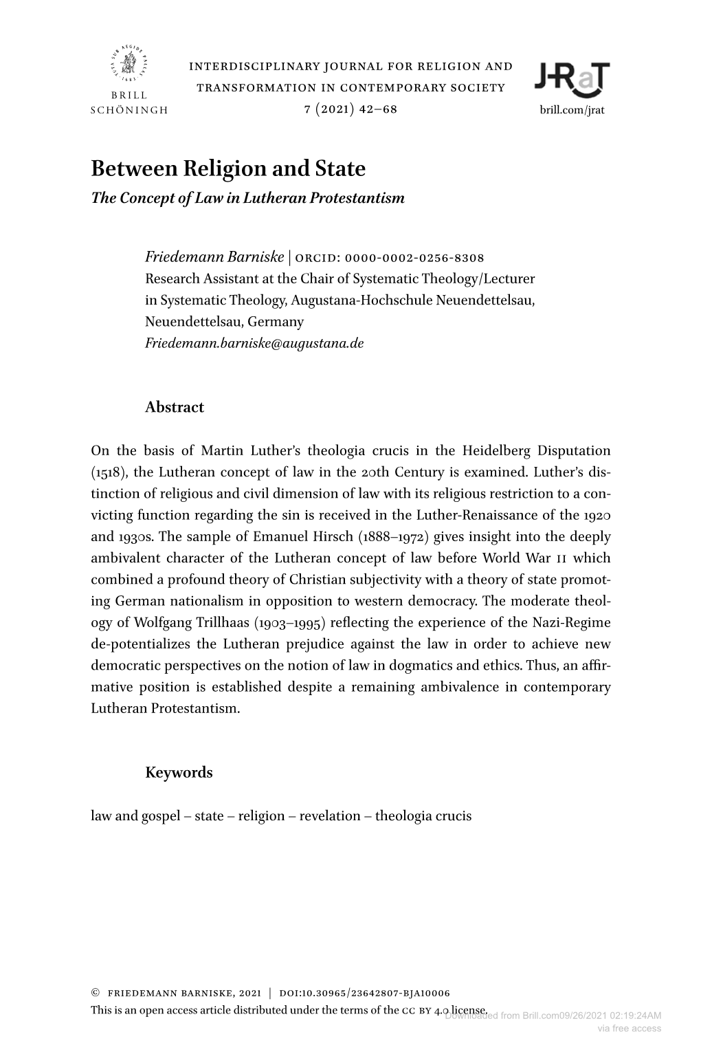 Between Religion and State the Concept of Law in Lutheran Protestantism