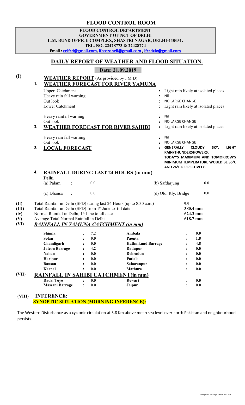 Flood Control Room Daily Report of Weather And