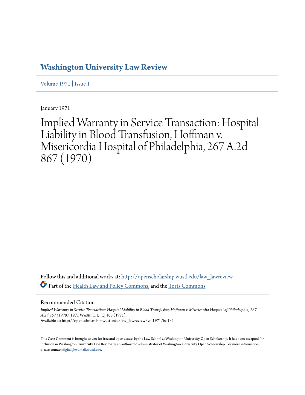 Implied Warranty in Service Transaction: Hospital Liability in Blood Transfusion, Hoffman V