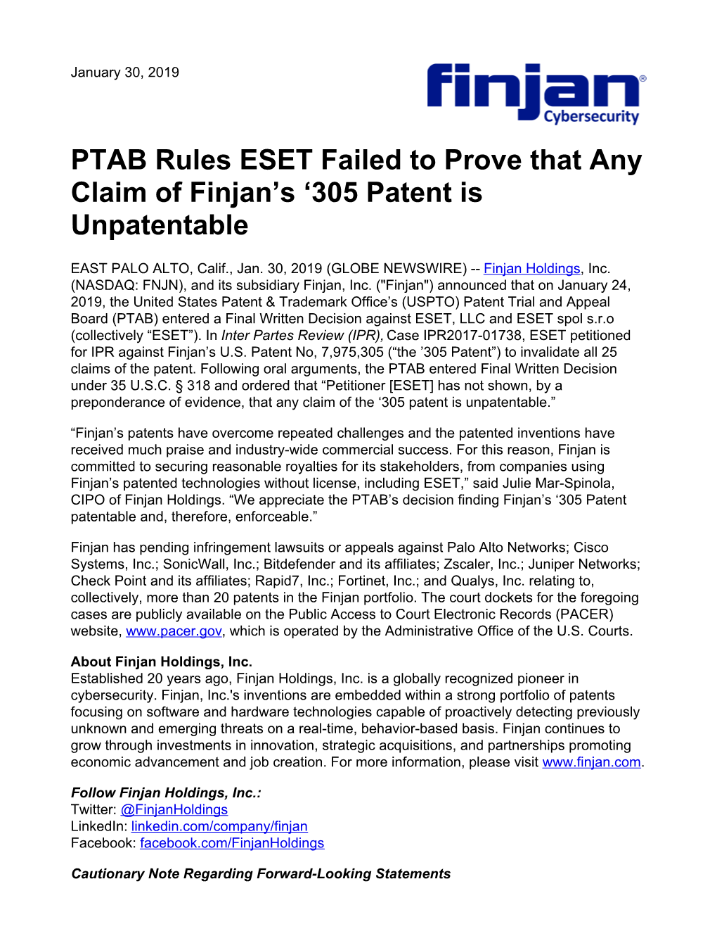 PTAB Rules ESET Failed to Prove That Any Claim of Finjan's