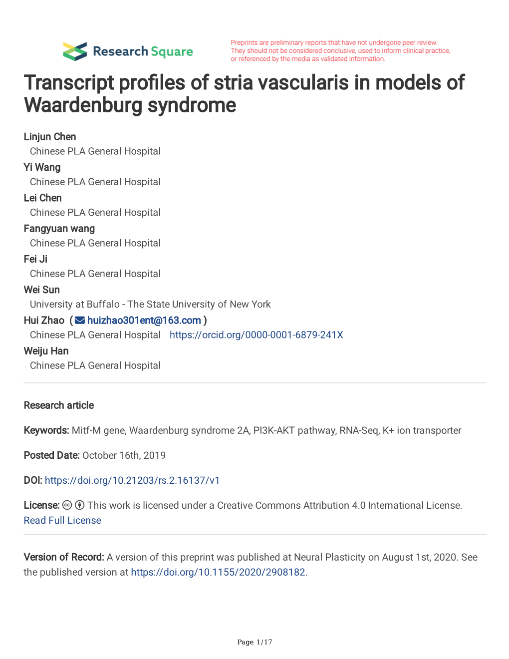 Transcript Profiles of Stria Vascularis in Models of Waardenburg Syndrome