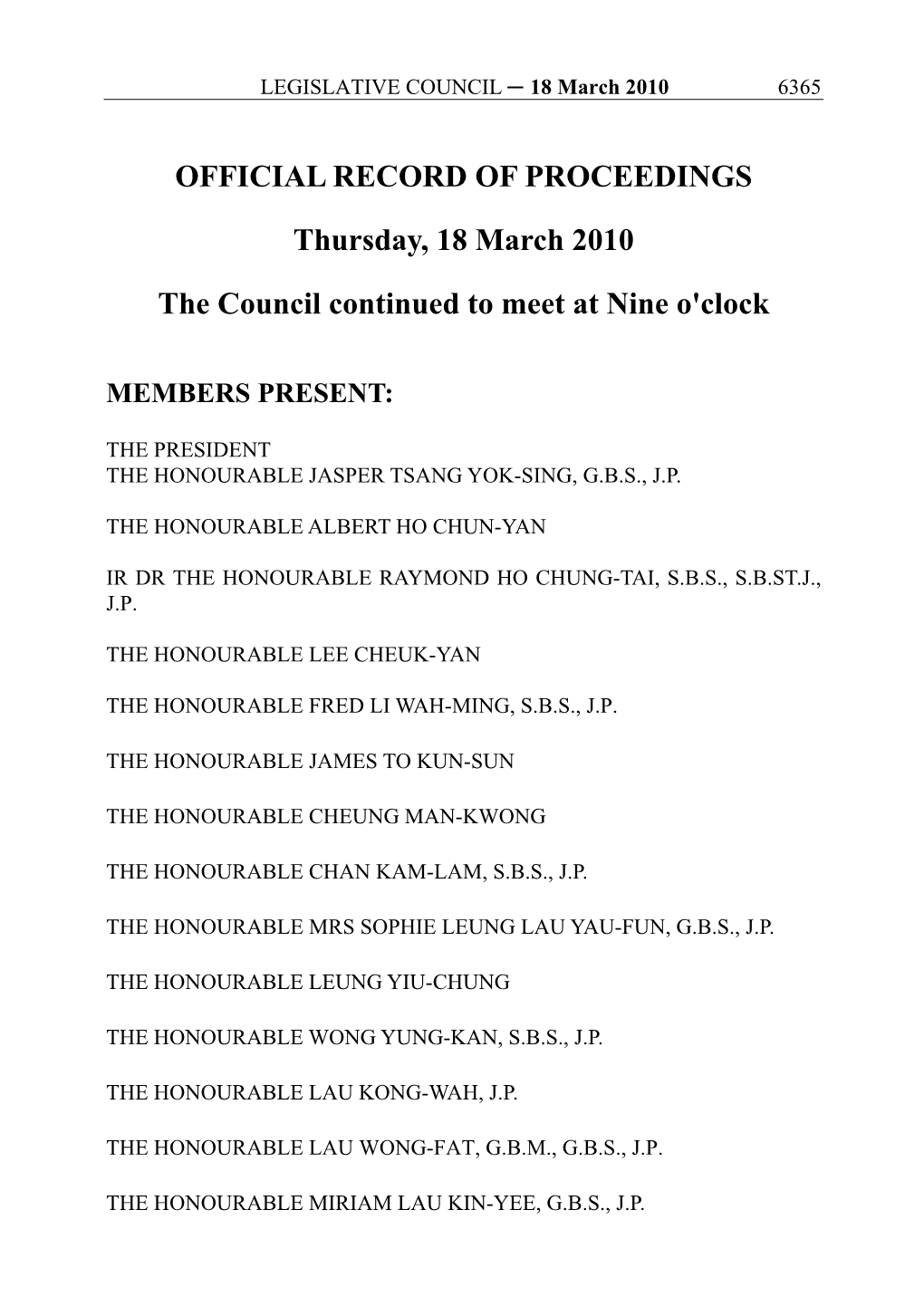 OFFICIAL RECORD of PROCEEDINGS Thursday, 18