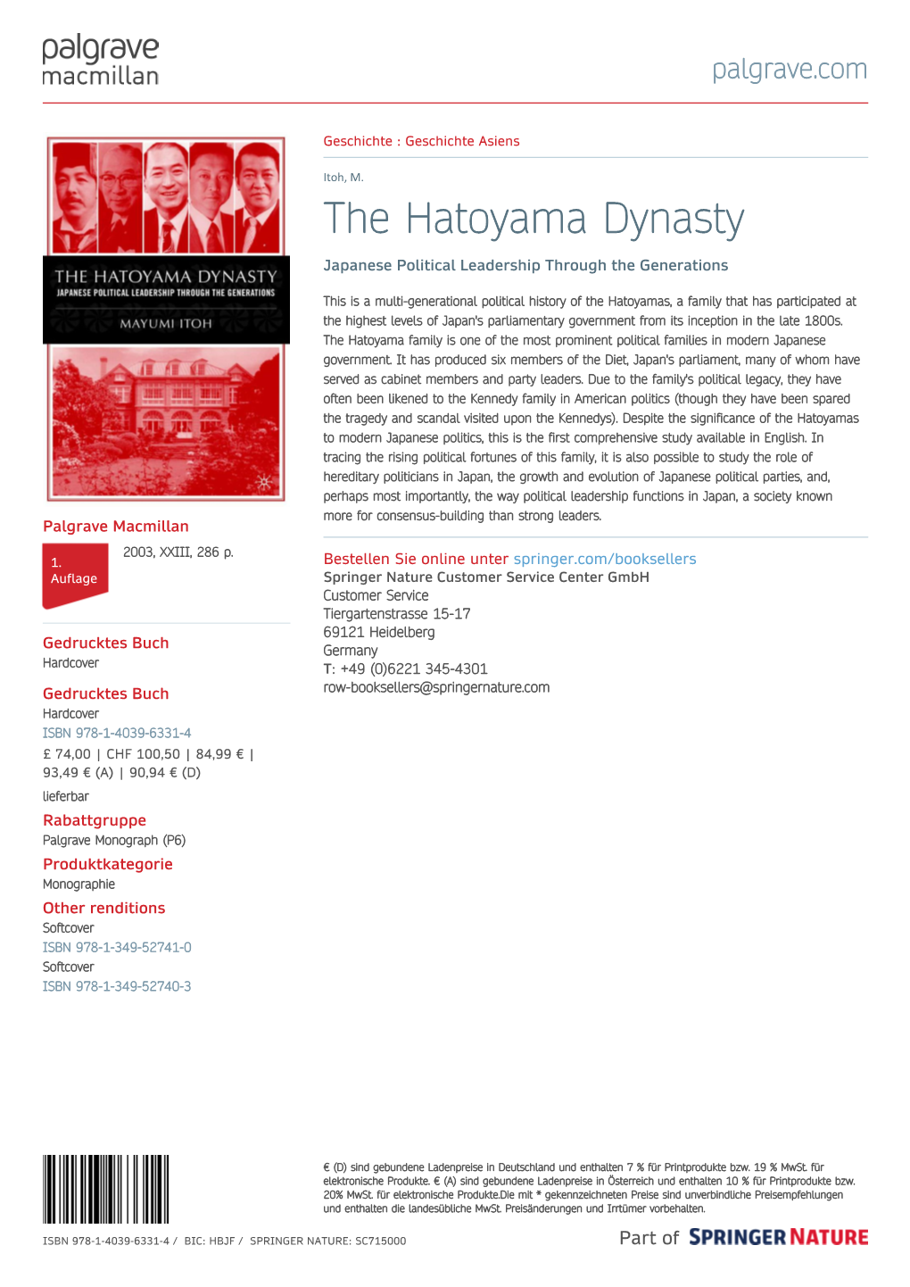 The Hatoyama Dynasty Japanese Political Leadership Through the Generations