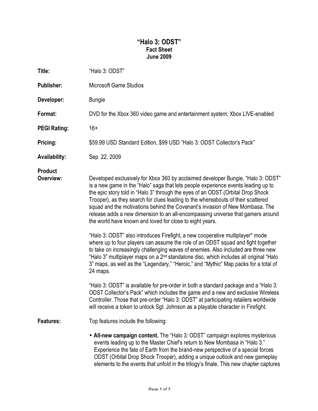 “Halo 3: ODST” Fact Sheet June 2009