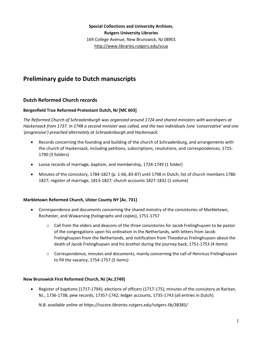 Preliminary Guide to Dutch Manuscripts