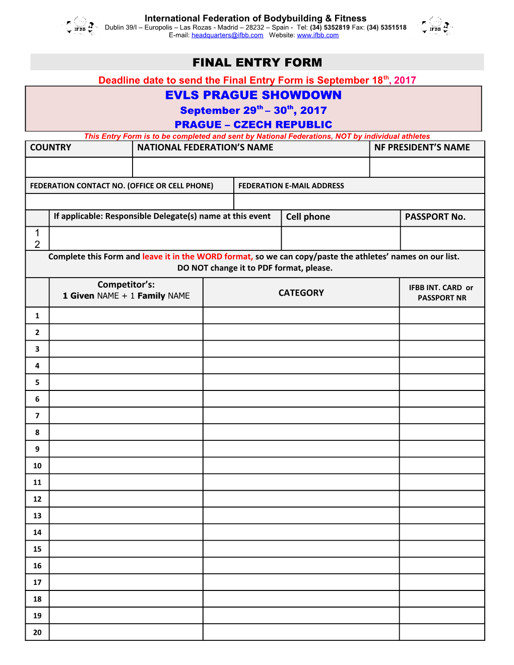 This Entry Form Is to Be Completed and Sent by National Federations, NOT by Individual