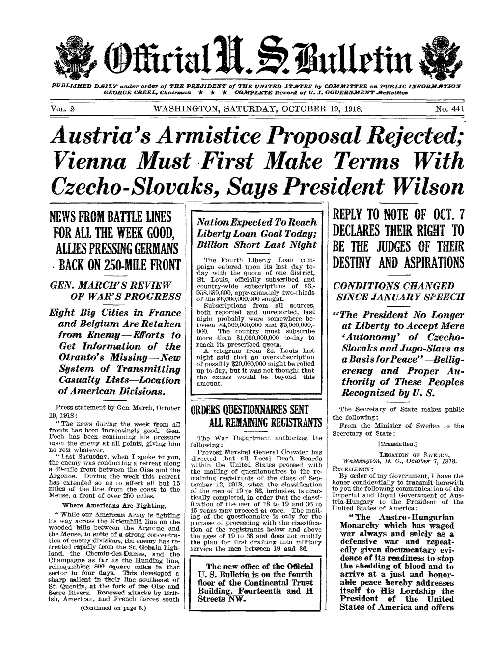 Austria's Armistice Proposal Rejected; Vienna Must -First Make Terms with Czecho-Slovaks, Says President Wilson