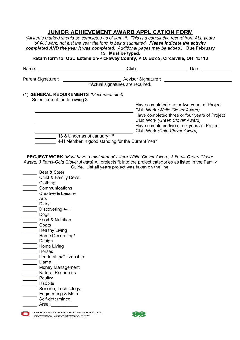 Junior Achievement Award Application Form