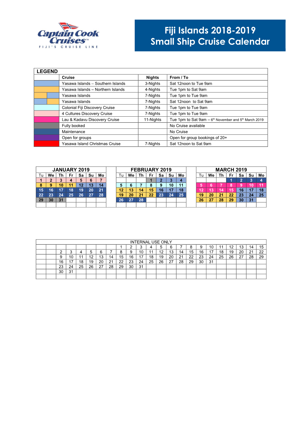 Fiji Islands 2018-2019 Small Ship Cruise Calendar