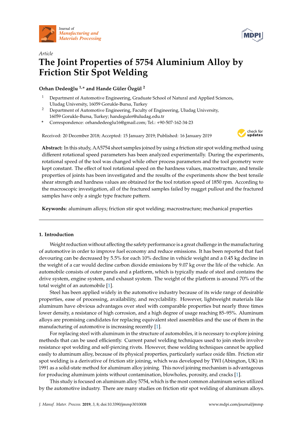 The Joint Properties of 5754 Aluminium Alloy by Friction Stir Spot Welding