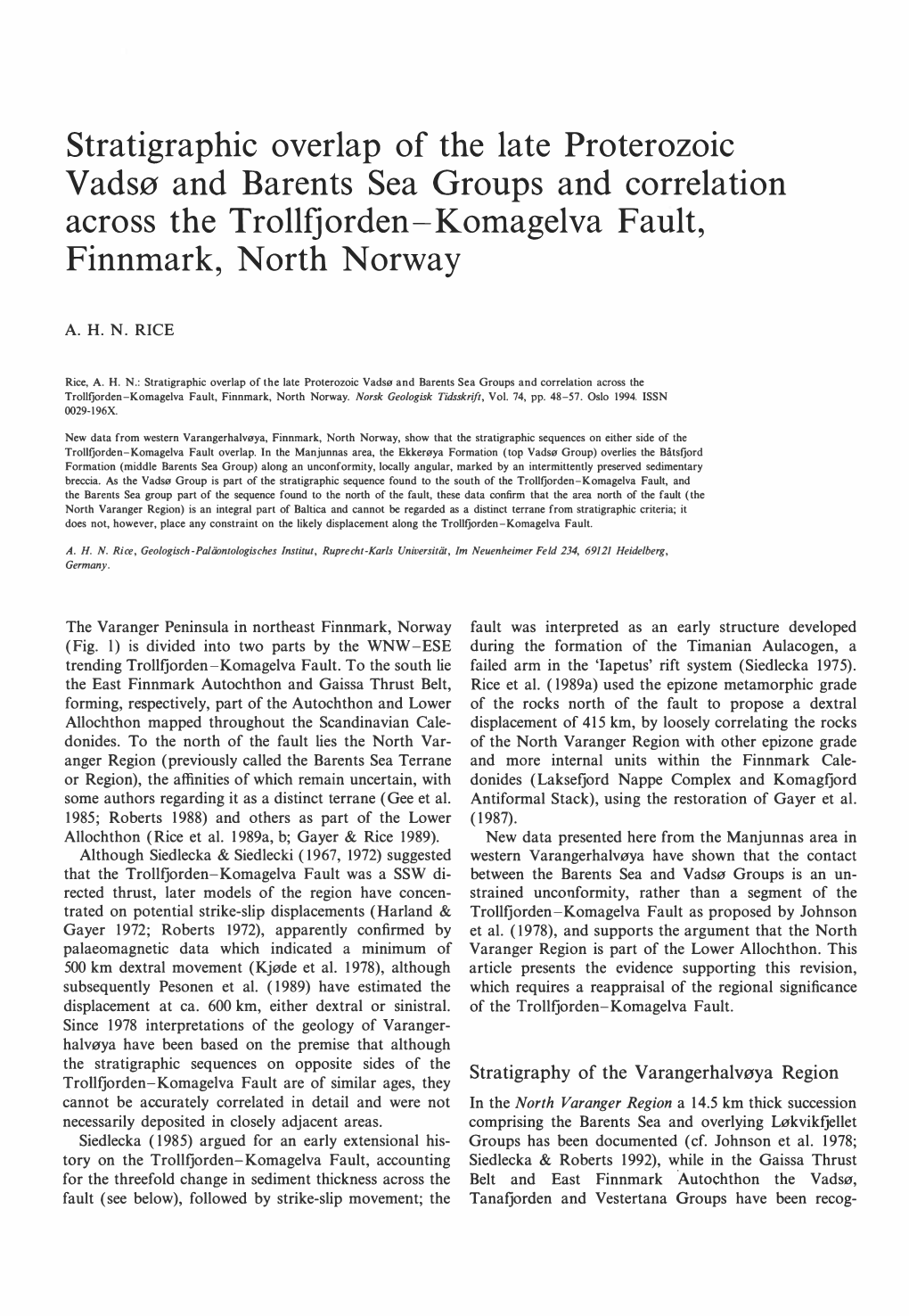 Stratigraphic Overlap of the Late Proterozoic Vadsø and Barents Sea Groups and Correlation Across the Trollfjorden-Komagelva Fault, Finnmark, North Norway