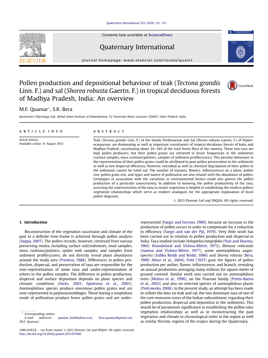 Pollen Production and Depositional Behaviour of Teak (Tectona Grandis Linn