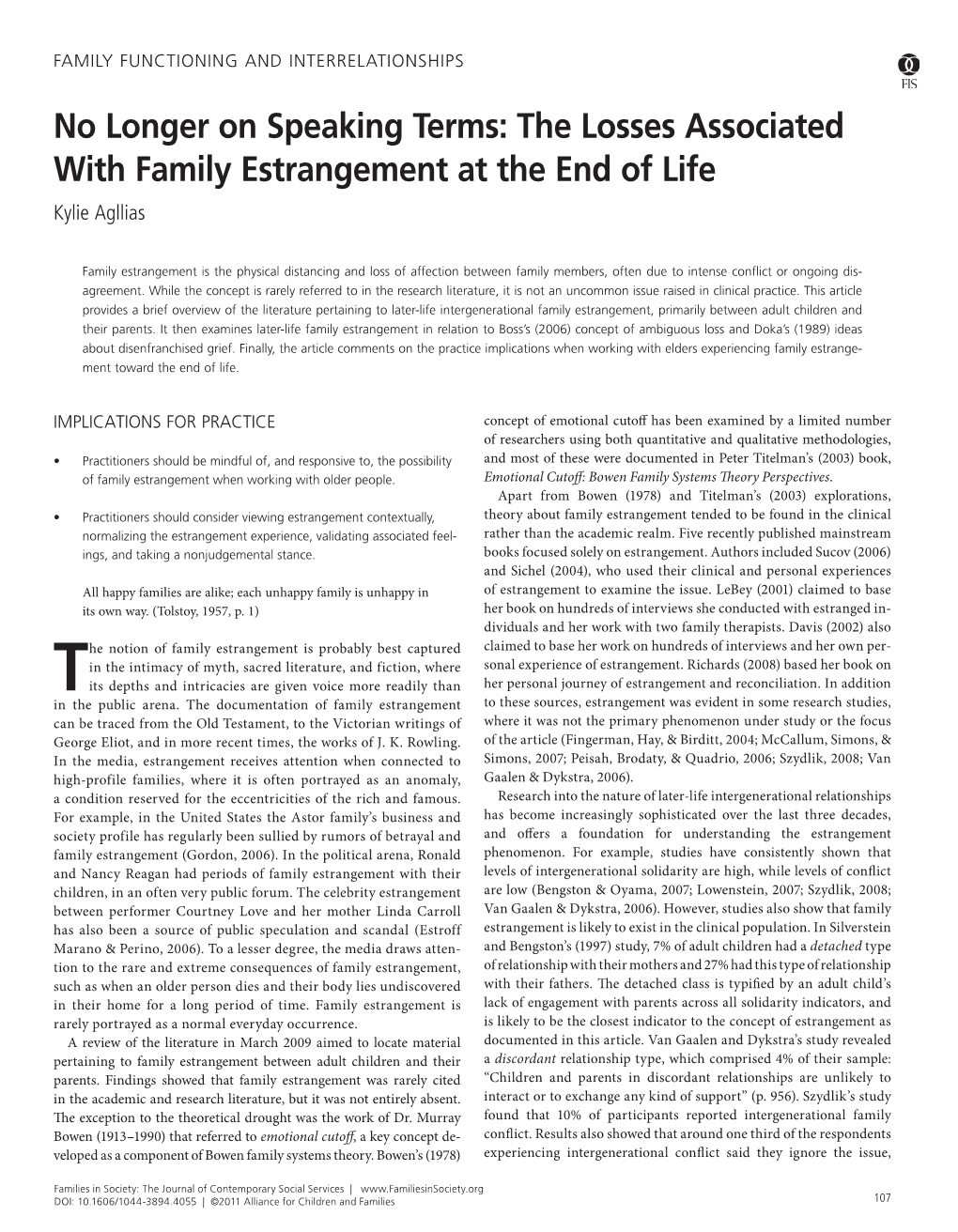 The Losses Associated with Family Estrangement at the End of Life Family Functioning and Interrelationships