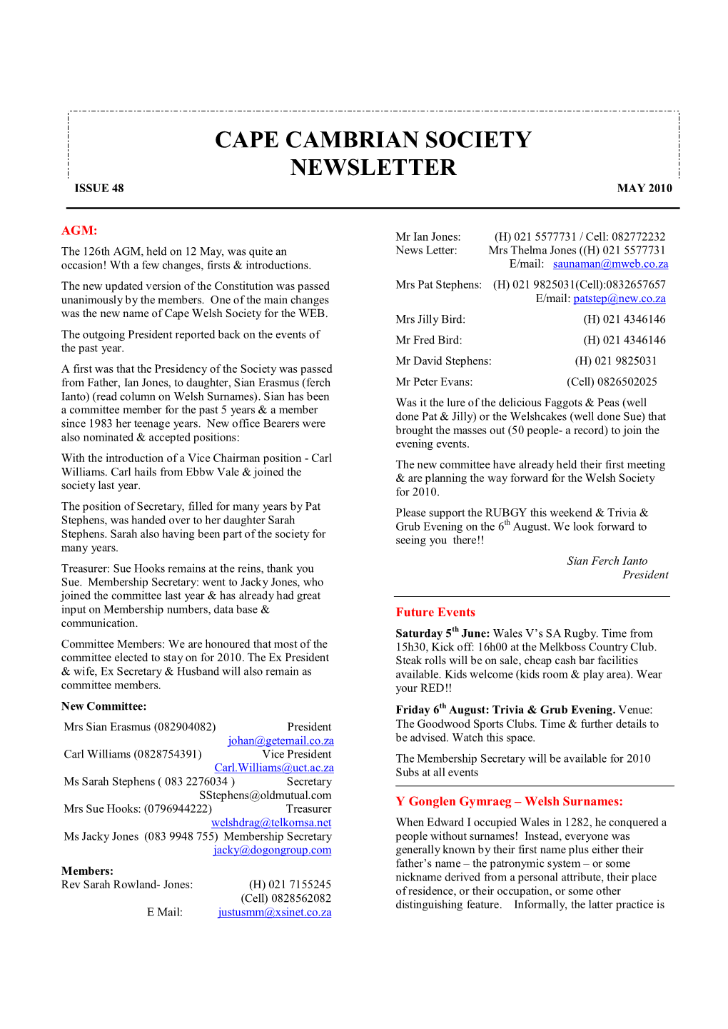 Cape Cambrian Society Newsletter Issue 48 May 2010