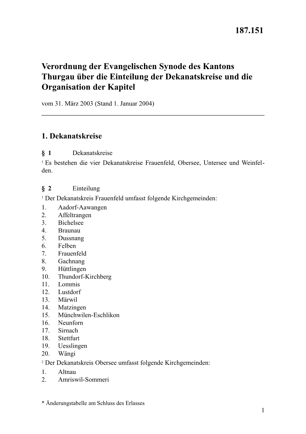 Verordnung Der Evangelischen Synode Des Kantons Thurgau Über Die Einteilung Der Dekanatskreise Und Die Organisation Der Kapitel Vom 31