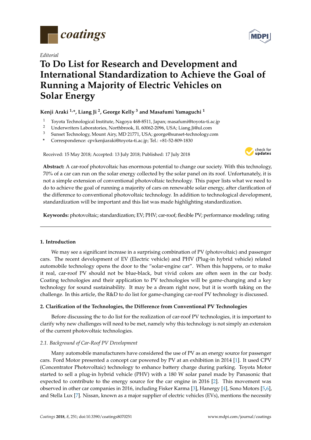 To Do List for Research and Development and International Standardization to Achieve the Goal of Running a Majority of Electric Vehicles on Solar Energy